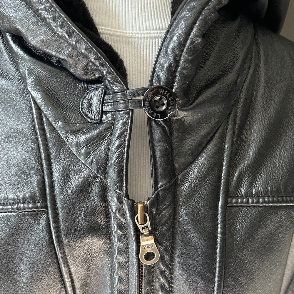 Wilsons Leather Hooded Jacket Womens Large Black Faux Fur Lined Belted Coat - Picture 12 of 13